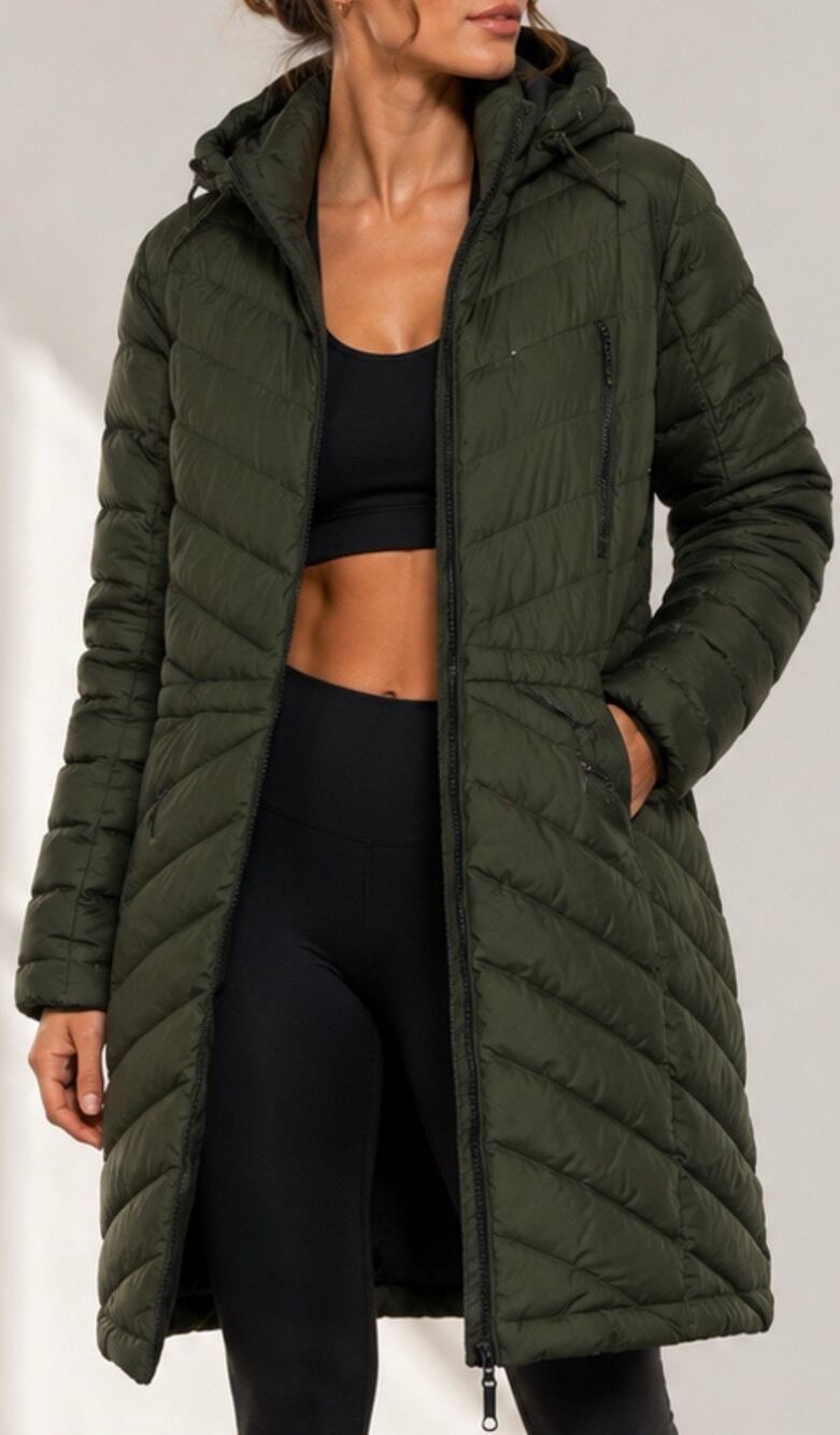 Duluth Trading Co Olive Green Long Down Puffer Coat Sz 1X Hooded Winter Jacket